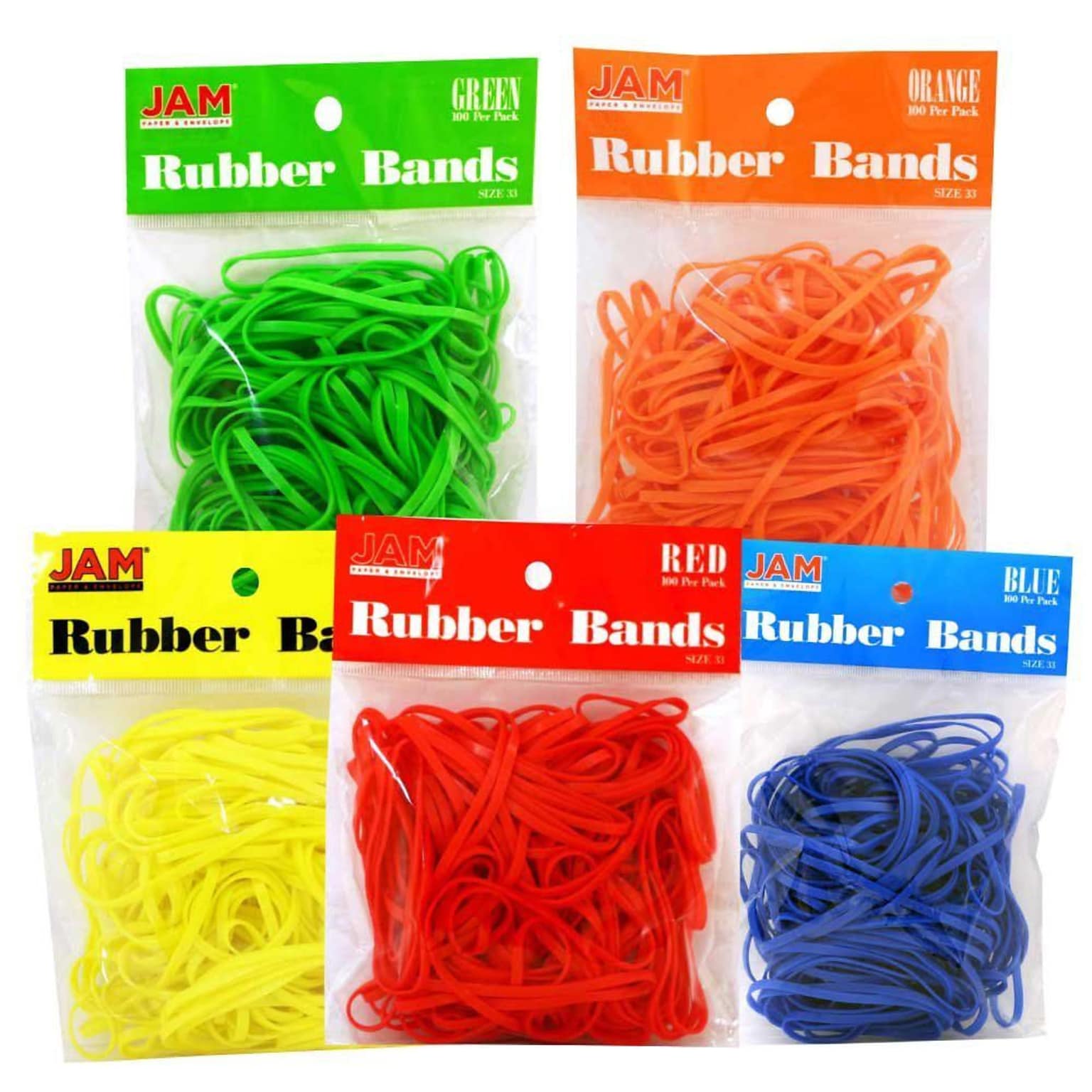 JAM Paper® Rubber Bands, #33 Size, Assorted Rubberbands, 5 packs of 100, 500 per set (333RBREBGYO)