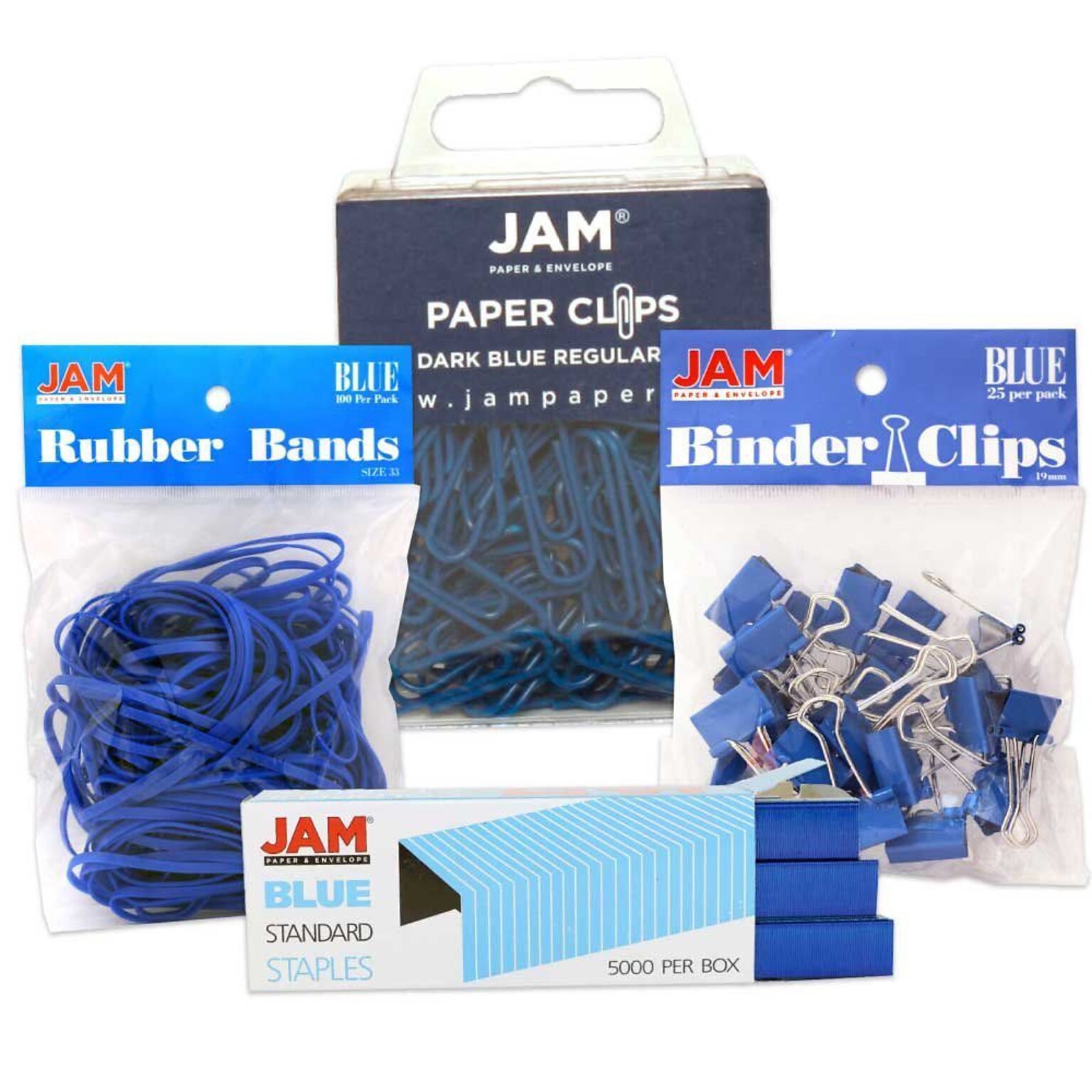 JAM Paper® Desk Supply Assortment, Blue, 1 Rubber Bands, 1 Small Binder Clips, 1 Staples & 1 Small Paper Clips (3345BUASRTD)