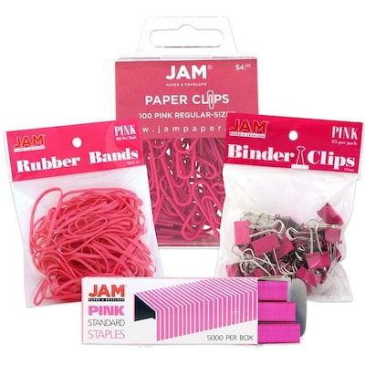 JAM Paper® Desk Supply Assortment, Pink, 1 Rubber Bands, 1 Small Binder Clips, 1 Staples & 1 Small Paper Clips (3345PIASRTD)