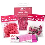 JAM Paper® Desk Supply Assortment, Pink, 1 Rubber Bands, 1 Small Binder Clips, 1 Staples & 1 Small P