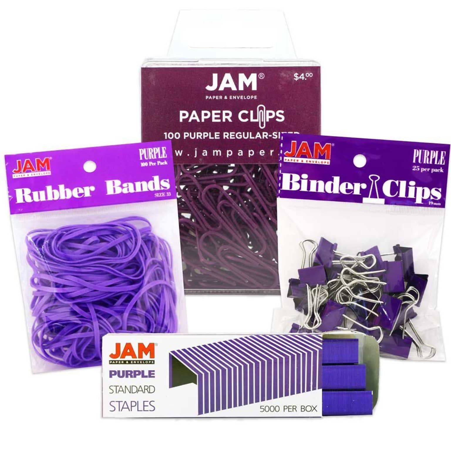 JAM Paper® Desk Supply Assortment, Purple, 1 Rubber Bands, 1 Small Binder Clips, 1 Staples & 1 Small Paper Clips (3345PRASRTD)