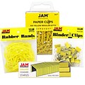JAM Paper® Desk Supply Assortment, Yellow, 1 Rubber Bands, 1 Small Binder Clips, 1 Staples & 1 Small Paper Clips (3345YEASRTD)