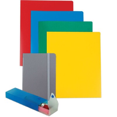 JAM Paper® Back To School Assortments, Grey, 4 Heavy Duty Folders, 1 Grey Journal & 1 Blue Pencil Case, 6/Pack (383HWGRASSRT)