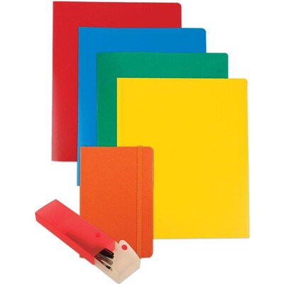 JAM Paper® Back To School Assortments, Orange, 4 Heavy Duty Folders, 1 Orange Journal & 1 Red Pencil Case, 6/Pack (383HWOASSRT)