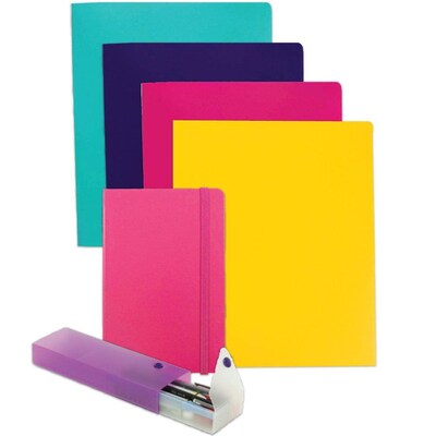 JAM Paper® Back To School Assortments, Pink, 4 Heavy Duty Folders, 1 Pink Journal & 1 Purple Pencil Case, 6/Pack (383HWPASSRT)