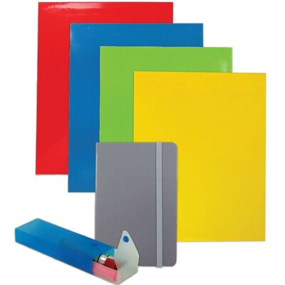 JAM Paper® Back To School Assortments, Grey, 4 Glossy Folders, 1 Grey Journal & 1 Blue Pencil Case, 6/Pack (385HWGRASSRT)