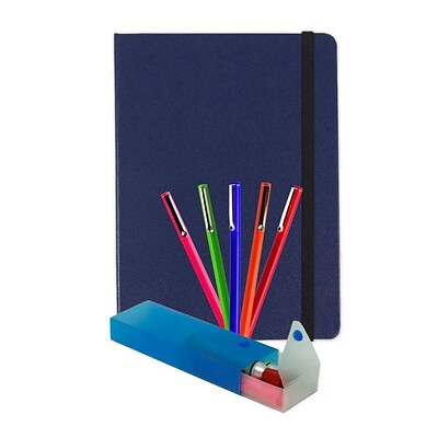 JAM Paper® Artist Writer Pack, 5-Fine Point Pen Markers, 1-Pen Case, 1-Journal, Blue, 7 Items (7655BASSRT)