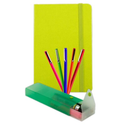 JAM Paper® Artist Writer Pack, 5-Fine Point Pen Markers, 1-Pen Case, 1-Journal, Lime Green, 7 Items (7655GASSRT)