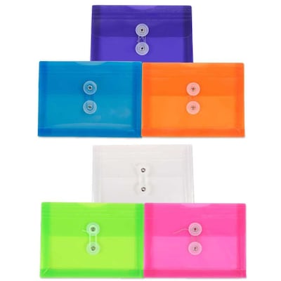JAM Paper® Plastic Envelopes with Button and String Tie Closure, Index Booklet, 5.5 x 7.5, Assorted