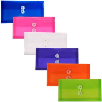 JAM Paper® #10 Plastic Envelopes with Button and String Tie Closure, 5.25 x 10, Assorted Colors, 6/pack (921B1ASSRTD)