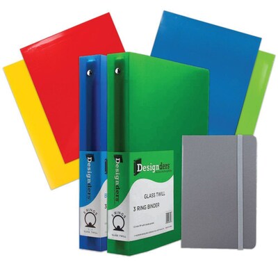 JAM Paper® Back To School Assortments, Grey, 4 Glossy Folders, 2 1.5 Inch Binders & 1 Grey Journal, 7/Pack (CWG15GRASSRT)