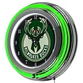 Trademark Global® Chrome Double Ring Analog Neon Wall Clock, Milwaukee Bucks NBA