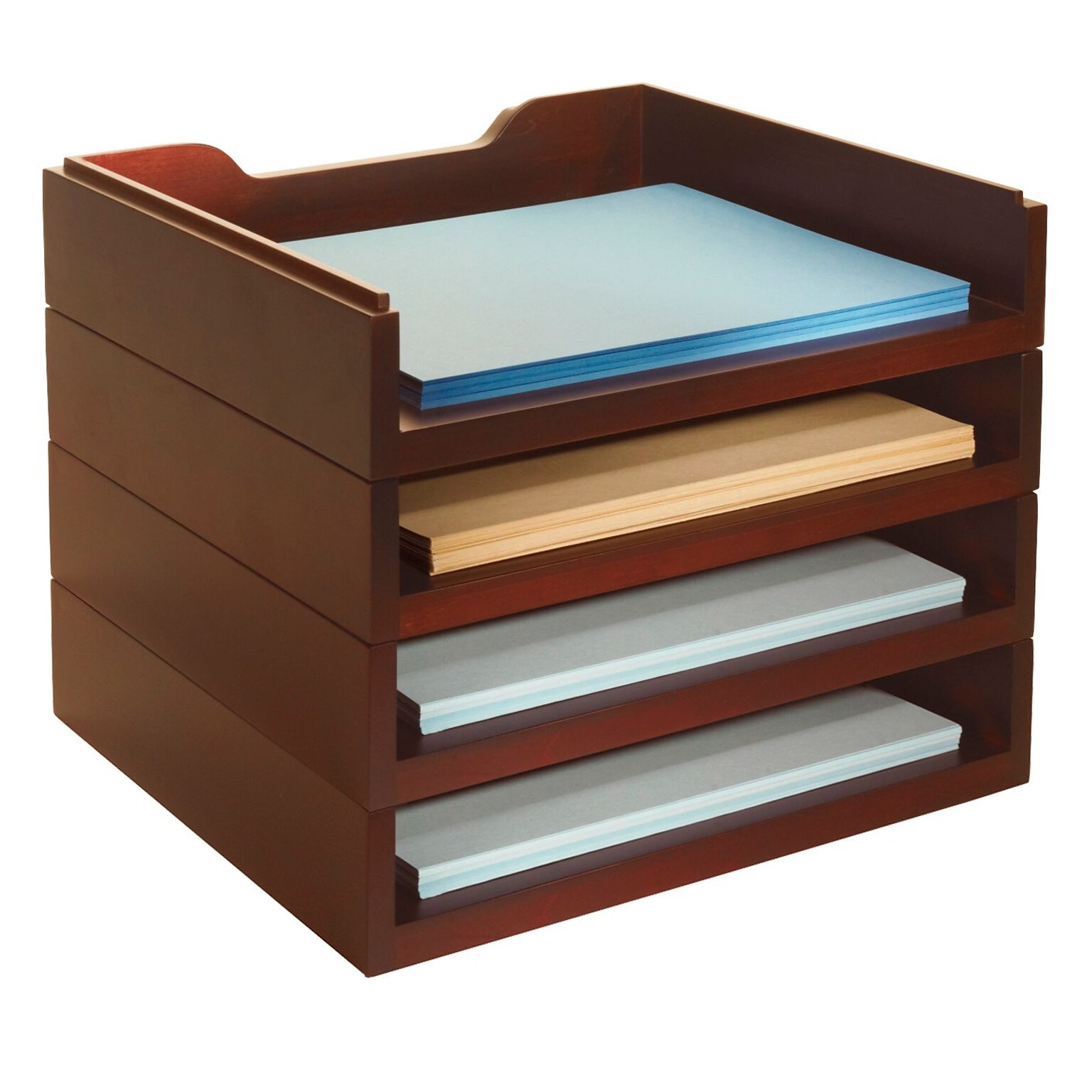 Bindertek Stacking Wood Desk Stackable, 4 Letter Paper Tray Kit, Mahogany (WK6-MA)