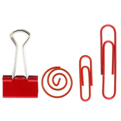 JAM Paper® Colored Office Clip Assortment Pack, Red, 1 Binder Clips 1 Paperclips 1 Circular Cloops, 4/set (26411REASRTD)