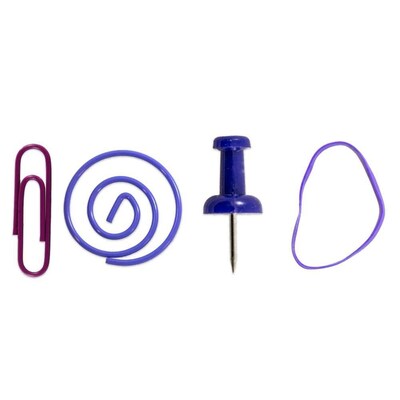 JAM Paper® Office Supply Assortment, Purple, 1 Rubber Bands, 1 Push Pins, 1 Paper Clips & 1 Round Paper Cloops (3224PUOASRT)