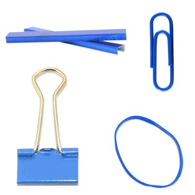 JAM Paper® Desk Supply Assortment, Blue, 1 Rubber Bands, 1 Small Binder Clips, 1 Staples & 1 Small Paper Clips (3345BUASRTD)