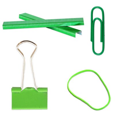 JAM Paper® Desk Supply Assortment, Green, 1 Rubber Bands, 1 Small Binder Clips, 1 Staples & 1 Small