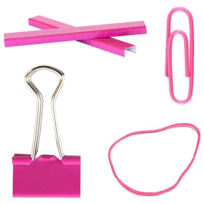JAM Paper® Desk Supply Assortment, Pink, 1 Rubber Bands, 1 Small Binder Clips, 1 Staples & 1 Small Paper Clips (3345PIASRTD)
