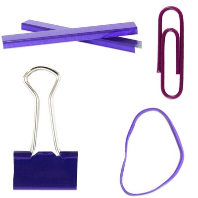 JAM Paper® Desk Supply Assortment, Purple, 1 Rubber Bands, 1 Small Binder Clips, 1 Staples & 1 Small Paper Clips (3345PRASRTD)