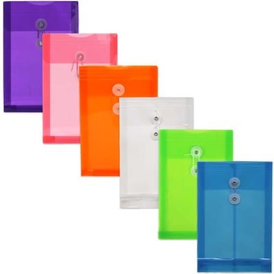 JAM Paper® Plastic Envelopes with Button and String Tie Closure, Open End, 6.25x9.25, Assorted Poly