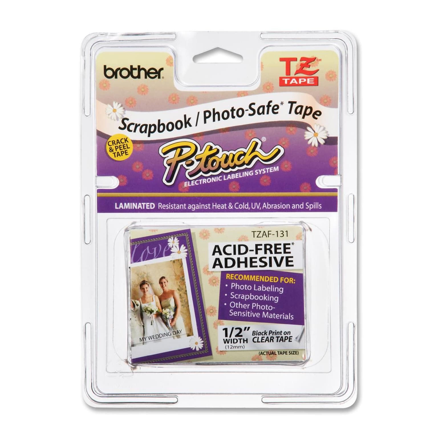 Brother P-touch TZe-AF131 Laminated Acid Free / Photo Safe Label Maker Tape, 1/2 x 26-2/10, Black on Clear (TZe-AF131)