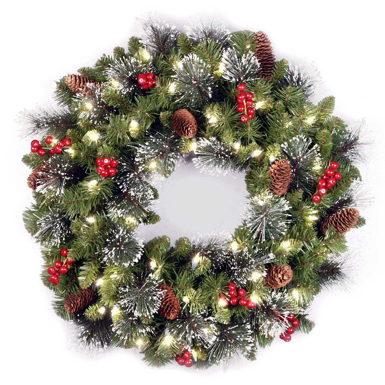 National Tree Crestwood Spruce Wreath, 24, Silver Bristle, Cones, Red Berries, Glitter, 50 Battery LED Lights (CW7-306-24W-B1)
