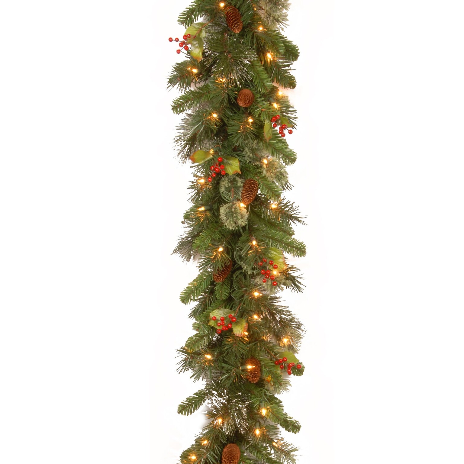 National Tree 9 x 12 Wintry Pine Garland with Cones/Red Berries/Snowflakes/100 Clear Lights (WP1-300-9B-1)