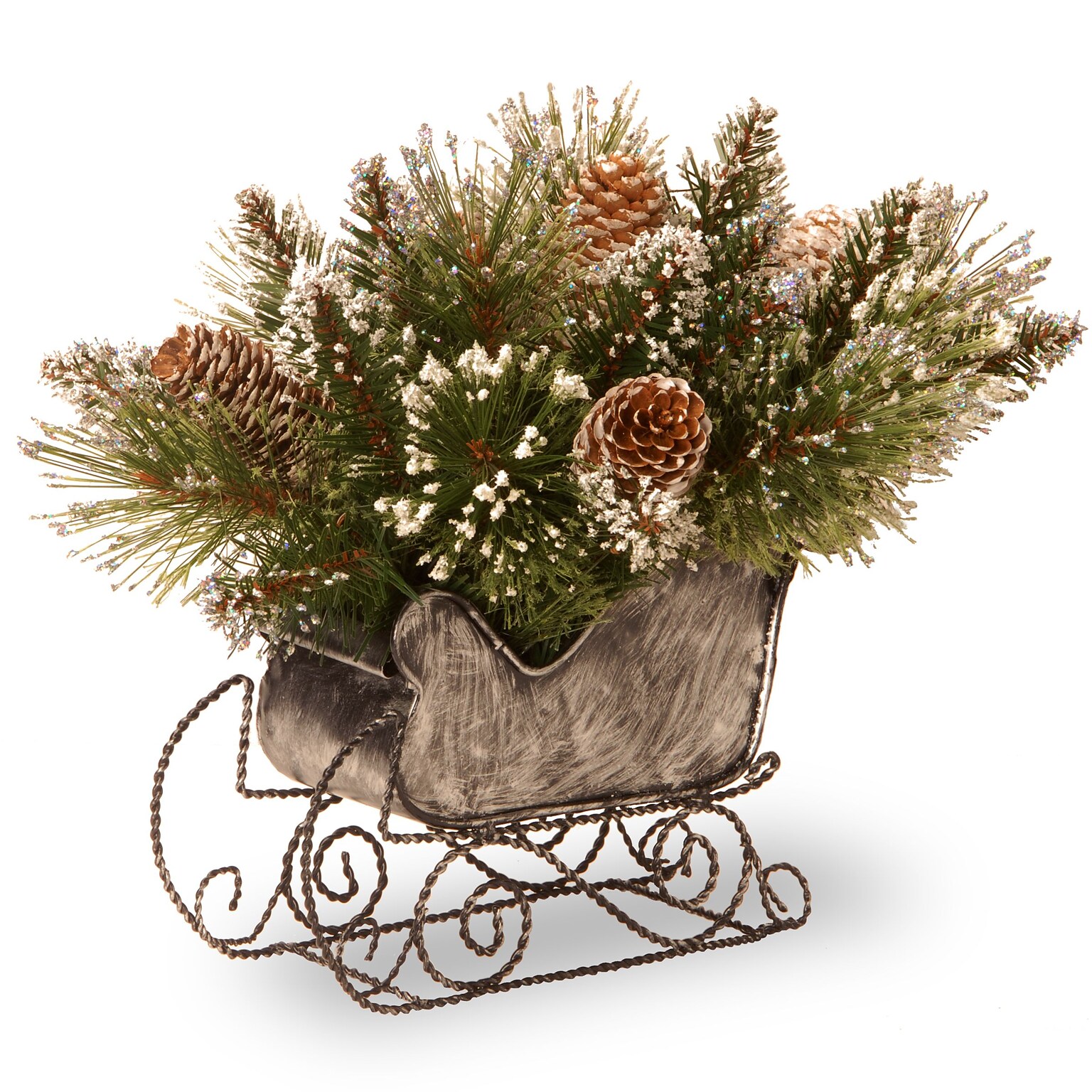 National Tree Glittery Bristle Pine Sleigh with 6 White Tipped Cones, 10 (GB3-810-10)