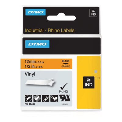 DYMO® 18435 RhinoPRO Adhesive Vinyl Label Tape, 1/2-Inch, 18-Foot Cassette, Orange
