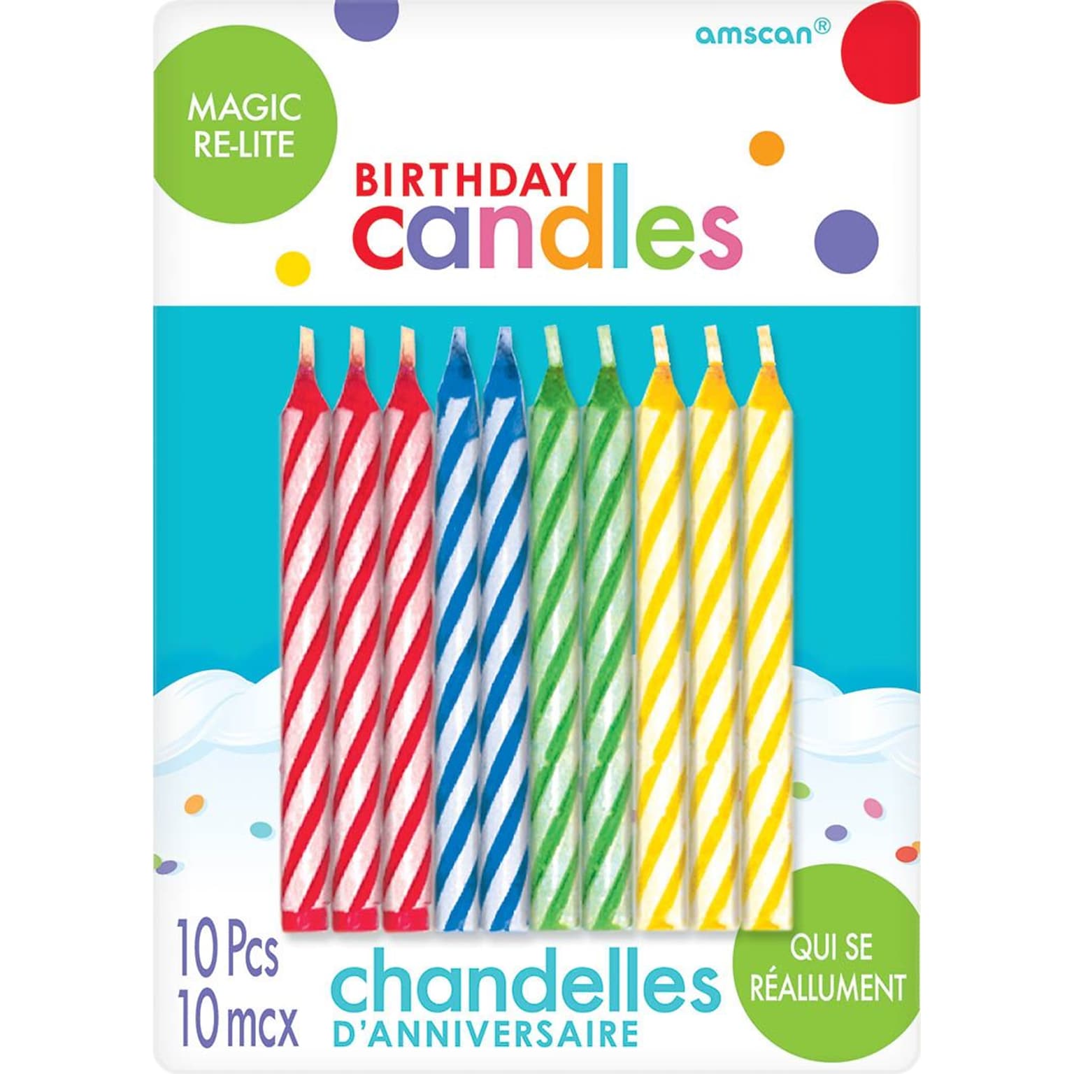Amscan Spiral Design Re-Light Birthday Candles, 2.5, Red, Blue, Green, Yellow, 12/Pack, 10 Per Pack (8065.99)