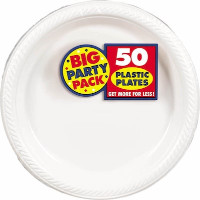 Amscan 7 White Big Party Pack Round Plastic Plates, 3/Pack, 50 Per Pack (630730.08)