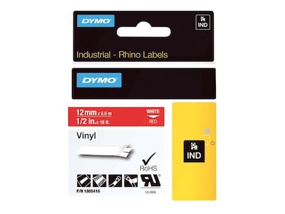 DYMO Rhino Industrial 1805416 Vinyl Label Maker Tape, 1/2 x 18, White on Red (1805416)