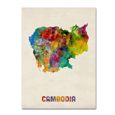 Trademark Fine Art Cambodia Watercolor Map by Michael Tompsett 35 x 47 Canvas Art (MT0509-C3547GG)