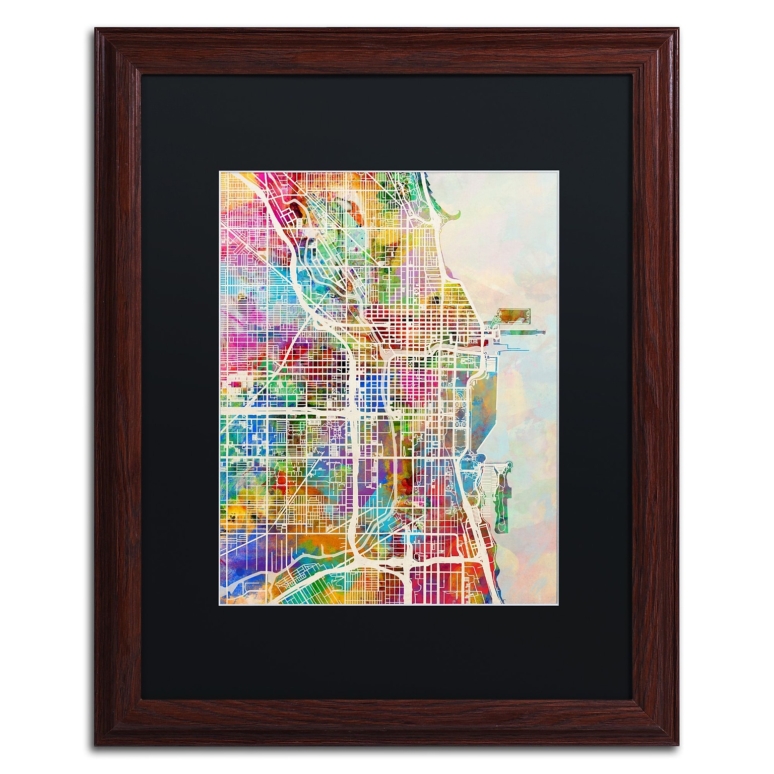 Trademark Fine Art Chicago City Street Map II by Michael Tompsett 16 x 20 Black Matted Wood Frame (MT0856-W1620BMF)