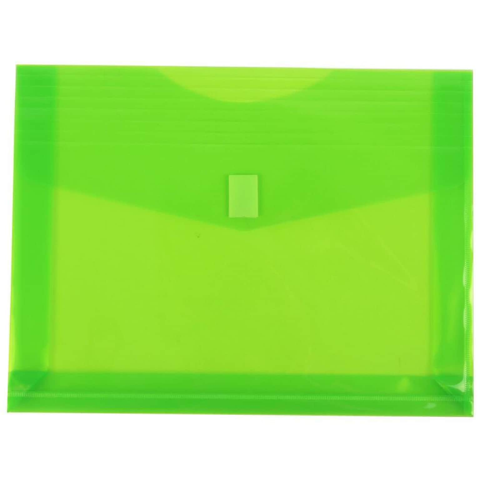 JAM Paper® Plastic Envelopes with Hook & Loop Closure, 9.75 x 13 with 2 Inch Expansion, Lime Green, 12/Pack (218V2LI)