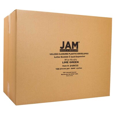 JAM Paper® Plastic Envelopes with Hook & Loop Closure, 9.75 x 13 with 2 Inch Expansion, Lime Green, 12/Pack (218V2LI)