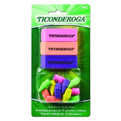 Dixon Ticonderoga Office/School Wedge & Cap Erasers, Assorted Neon Colors, 15/Pack (38931)