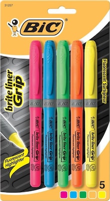 BIC Brite Liner Stick Highlighter with Grip, Chisel Tip, Assorted, 5/Pack (31257)