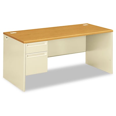HON 38000 Series L Workstation Left Pedestal Desk, Harvest Oak/Putty, Order Right Return | Quill