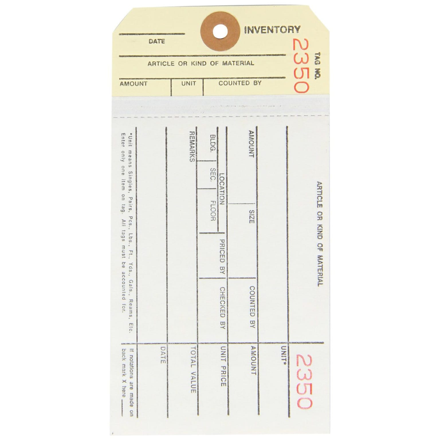 Quill Brand® - 6 1/4 x 3 1/8 - (2000-2499) Inventory Tag 2 Part Carbonless Stub Style #8, 500/Case