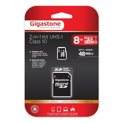 Gigastone 8GB SDHC Memory Card with Adapter, Class 10, UHS-I (GS-2IN1C1008G-R)