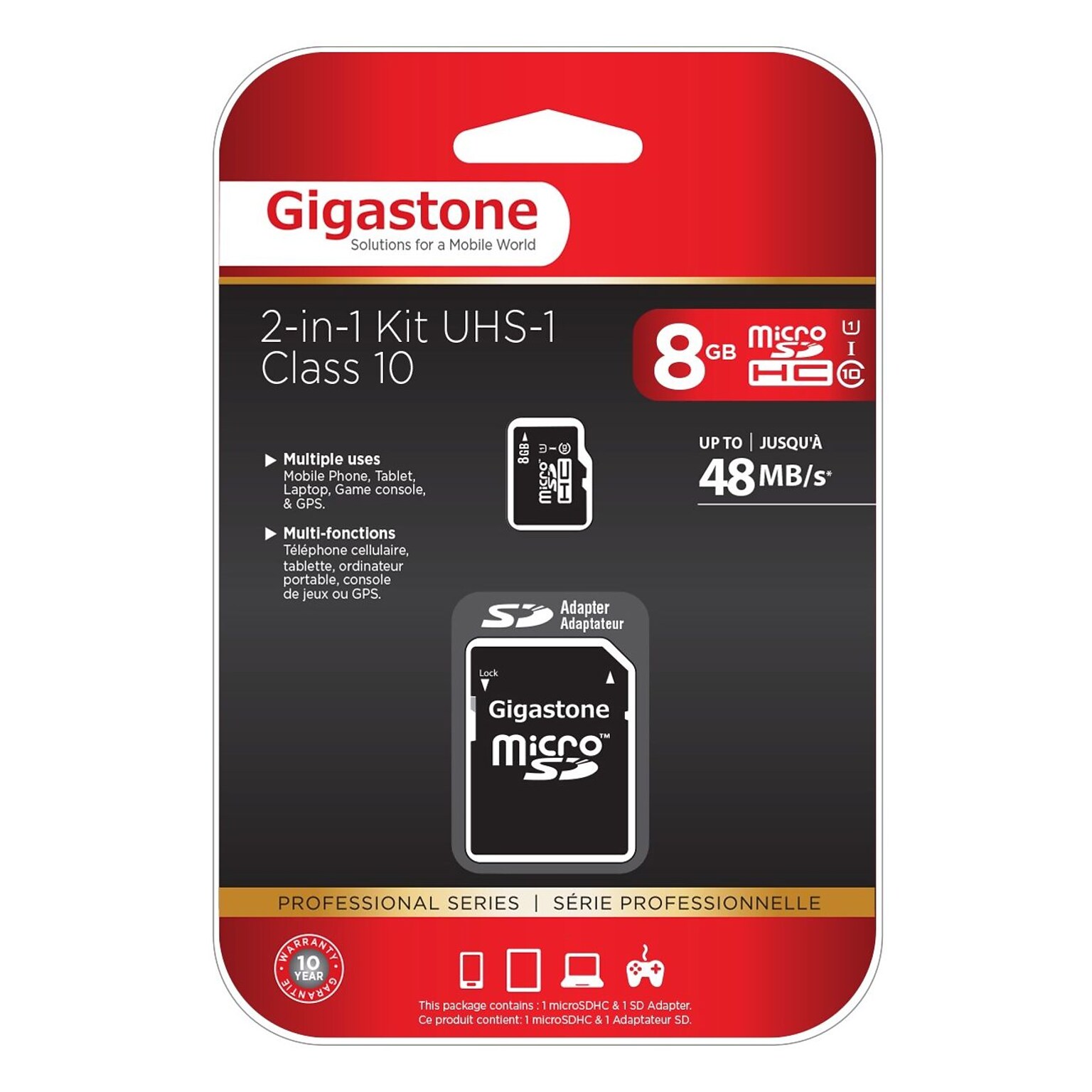 Gigastone 2-in-1  8GB SDHC Memory Card with Adapter, Class 10, UHS-I (GS-2IN1C1008G-R)