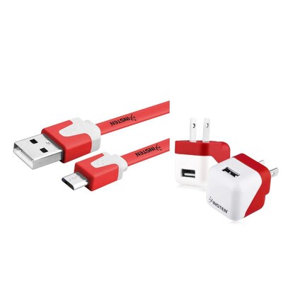 Insten Red Mini Travel Wall AC Charger + Micro USB Noodle Cable for Cellphone