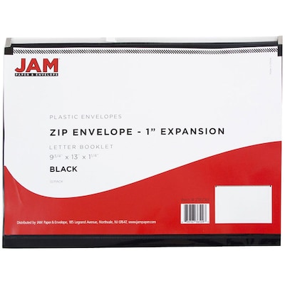 JAM Paper® Plastic Envelopes with Zip Closure, Letter Booklet, 9.5 x 12.5, Black Poly, 12/pack (218Z1BL)