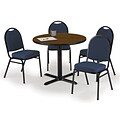 KFI 42 Round Walnut HPL Table with 4 Navy Blue Fabric Stack Chairs (42R025WLIM52BLF)