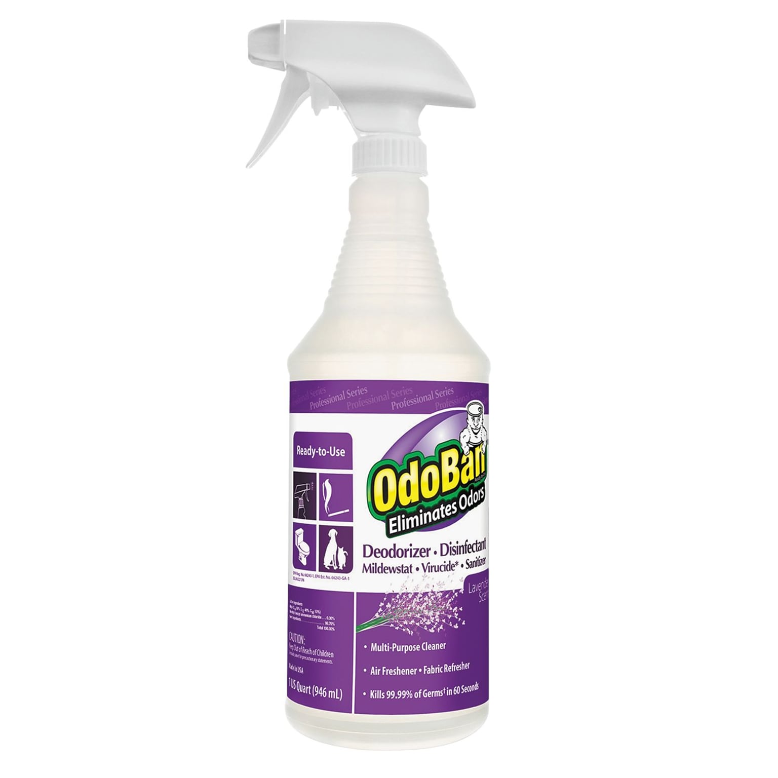 OdoBan® Professional Series Deodorizer Disinfectant, Lavender Scent, 32oz Spray Bottle, 12/Carton