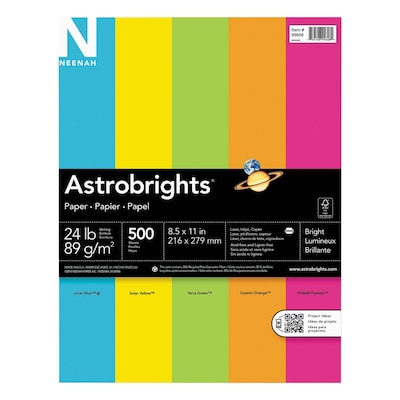 Astrobrights Neenah Colored Paper, 24 lbs., 8.5" x 11", Assorted Brights, 500 Sheets/Ream (WAU99608)