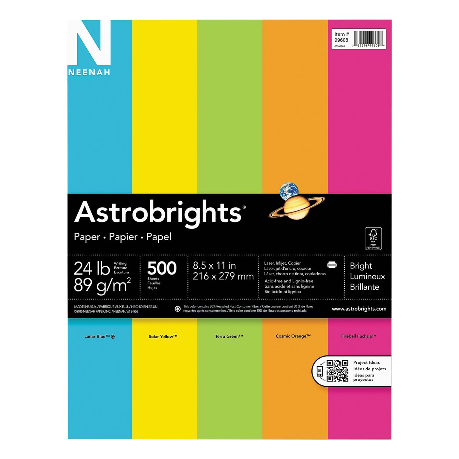 Astrobrights Neenah Colored Paper, 24 lbs., 8.5 x 11, Assorted Brights, 500 Sheets/Ream (WAU99608)