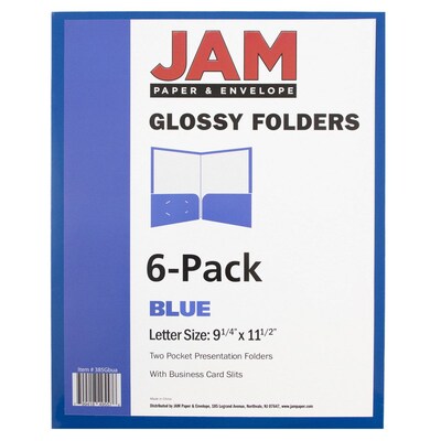 JAM Paper Glossy 2-Pocket Portfolio Folder, Blue, 6/Pack (385Gbua)