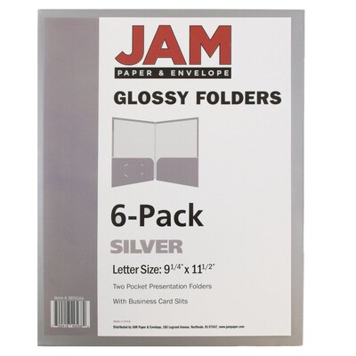 JAM Paper Glossy 2-Pocket Portfolio Folder, Silver, 6/Pack (385Gsia)